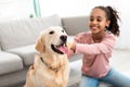 Young afro girl playing with dog at home Royalty Free Stock Photo