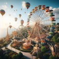 A fun place with a playgorund of ferris wheel, carousel, roller coaster, air ballons, greenery, seaside, exciting, games, design Royalty Free Stock Photo