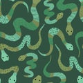 Jungle green snake seamless vector pattern. Fun, playful, flat style illustration of tropical snakes.