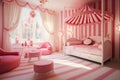 Fun and playful girl's room reminiscent of a pink candy land. Striped pink and white walls, candy-shaped cushions Royalty Free Stock Photo