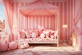Fun and playful girl's room reminiscent of a pink candy land. Striped pink and white walls, large window Royalty Free Stock Photo
