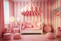 Fun and playful girl's room reminiscent of a pink candy land. Striped pink and white walls, candy-shaped cushions Royalty Free Stock Photo