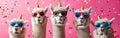 Festive Alpaca with Party Hat and Sunglasses on Pink Background with Confetti