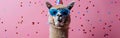 Festive Alpaca with Party Hat and Sunglasses on Pink Background with Confetti