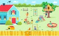 Fun playground at backyard, happy girl boy outdoor childhood, vector illustration. Child cartoon character in summer Royalty Free Stock Photo