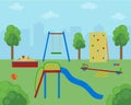 A fun playground on the green grass with swings, a slide, a climbing wall, a sandbox and children s toys.Vector.