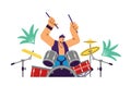 Fun playing man drummer character flat style, vector illustration