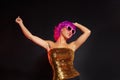 Fun purple wig girl dancing with heart glasses Royalty Free Stock Photo
