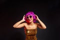 Fun purple wig girl dancing with heart glasses Royalty Free Stock Photo