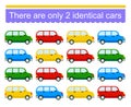 Need to find two identical cars. Fun puzzle game. Task for development of attention and logic. Vector illustration