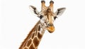 A fun and quirky portrait of a giraffe, upside down, its long neck and curious face presented against a stark white background, a Royalty Free Stock Photo