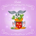 Fun rabbit boy with carrots on a purple background Royalty Free Stock Photo