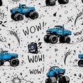 Grungy Kids Seamless Pattern, Blue Monster Trucks, Fun Doodle Background Royalty Free Stock Photo