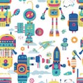 A fun robot world pattern featuring wacky, colorful robots with gears, buttons, and jetpacks,
