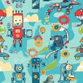 A fun robot world pattern featuring wacky, colorful robots with gears, buttons, and jetpacks,