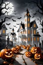 A fun and scary spirit of halloween with pumpkins carving and haunted asylums, moon, bat, night scene, printable, t-shirt design