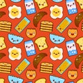 Fun seamless pattern Funny characters breakfast toasts bread, milk, fried egg cute food and drink in kawaii style with