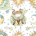 A fun seamless pattern for kids. Zodiac sign Taurus. Vector