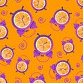 Fun seamless pattern with oranges and alarm clocks. Breakfast time. Wake up. Good morning.