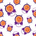 Fun seamless pattern with oranges and alarm clocks. Breakfast time. Wake up. Good morning.