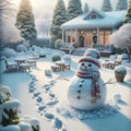 Fun Snowman Backyard Snowfall Yard Home House Winter Landscape AI Generated