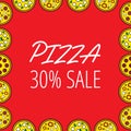 Fun social media banner with repeat pizzas with different flavors on the red background