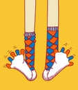 Fun socks on legs. Vector hand drawn line style color illustration. Colors cartoons legs with man socks