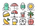 Fun summer icons with palm tree, melon, and beach parasol in outlined style Royalty Free Stock Photo