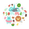 Fun summer poster. Cards with cute animals, fruits etc.