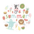 Fun summer poster. Cards with cute animals, fruits etc.