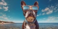 Fun in the Sun Adorable Boston Terrier Dog Wearing Funny Sunglasses Enjoying the Beach. Generative AI Royalty Free Stock Photo