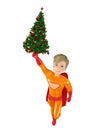 Fun superhero and Christmas tree