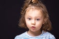 Fun surprising look small kid girl with grimacing face looking down and asking the question on black studio background with empty Royalty Free Stock Photo