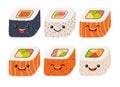 Fun sushi vector. Cute sushi with cute faces. Sushi roll set. Happy sushi characters Royalty Free Stock Photo