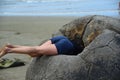 New Zealand- Moeraki Boulders, Where Rock Eats Girl Royalty Free Stock Photo