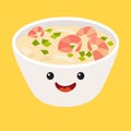 Fun Tom kha kai vector cartoon character. Cute Tom Yum Kung Thai spicy soup's faces with shrimp, japanese food