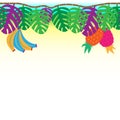 Fun and tribal tropical vine with hanging plams, bananas and pineapples, seamless