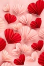 Fun Valentines day festive background in asian style - pink and red paper hearts of folded fans soar on gentle pastel pink color.