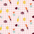 Fun vegetable seamless vector pattern hand drawn sketch style on checkered pink background.