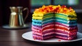 A fun and vibrant rainbow cake with layers of brightly colored sponge