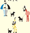 Fun walk gentleman, ladies and harlequin with dogs and cats on white background