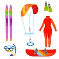 Fun water extreme sport kiteboarding surfer sailing leisure sea activity summer recreation extreme illustration.