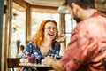 fun woman man couple cafe lifestyle happy together smiling love cheerful coffee shop Royalty Free Stock Photo