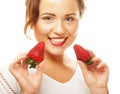 Fun woman with strawberry Royalty Free Stock Photo