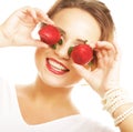 Fun woman with strawberry on the white background Royalty Free Stock Photo