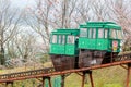 Cherry Blossom Festival at Funaoka Castle Ruin Park,Shibata,Miyagi,Tohoku,Japan on April12,2017:Slope car passing sakura tunnel Royalty Free Stock Photo