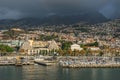 Funchal bay and Avenida do Mar with the buildings of the Marina Shopping and Baltazar Dias Theatre in  Madeira, Portugal Royalty Free Stock Photo