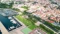 Funchal, Madeira. Aerial view of city center from a drone flying over the port Royalty Free Stock Photo