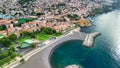 Funchal, Madeira. Aerial view of city center from a drone flying over the port Royalty Free Stock Photo