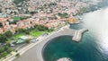 Funchal, Madeira. Aerial view of city center from a drone flying over the port Royalty Free Stock Photo